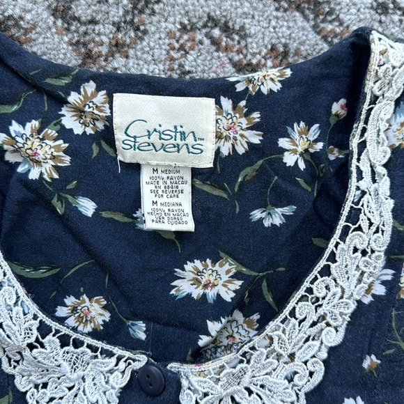 Vintage Cristin Stevens Floral Button Down Dress Navy Medium - Picture 4 of 7